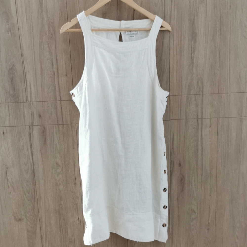 White Sleeveless Linen Mini Dress with‎ Side Buttons